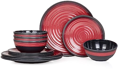 Moritz Vaisselle de table de camping en mélamine pour 4 personnes 12 pièces | Passe au lave-vaisselle | Service de pique-nique | Vaisselle de camping I Stone Red Design