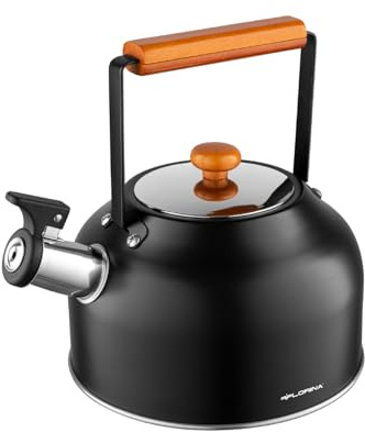 FLORINA Vattenkittel (2,5 l) I Rostfritt Stål Tekittel TOKYO I Flöjtkittel med Trähandtag I Automatisk Vissling I Japansk Stil I Vattenkokare för Induktionshäll, Gashäll, Elektrisk Spis I Färg: Svart