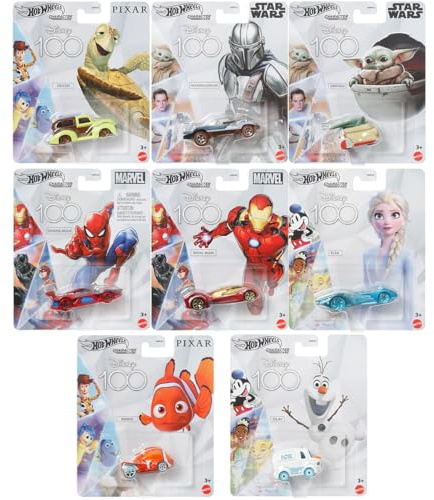 Hot Wheels Disney Character Cars 100 Years Special Edition Series Complete Set of 8 Diecast Vehicles in Manufacture Case from HNP45-956A Release Bundle
