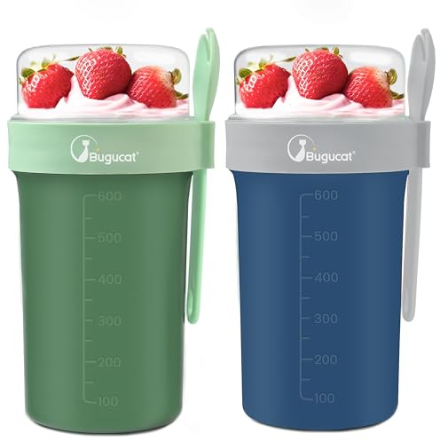Bugucat Tasse à Yaourt 2pcs, Coupe de Yaourt 760ml+230ml Tasse de Céréales avec Couvercle et Cuillère,Anti-Fuite Gobelet à Céréales Coupe de Muesli avec Récipient à Sauce pour Yaourt Salade,Bleu+Rose