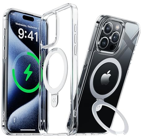 CASEKOO 2025 Neu Magic Stand für iPhone 15 Pro Hülle für MagSafe [Militärschutz] [Unsichtbarer Ständer] Stoßfeste Kratzfeste Schutzhülle Dünne Griffige Handyhülle Clear Case - Durchsichtig
