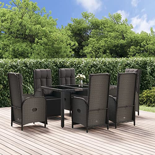 Homgoday Set da pranzo da giardino 7 pezzi e cuscini in rattan sintetico nero grigio, sedia tavolo cucina esterno terrazza patio balcone mobili tipo 1