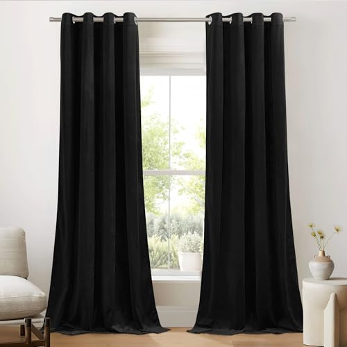PONY DANCE Velvet Blackout Curtains for Bedroom Ösenschal 2er Set Vorhang Samt Schwarz Thermogardine Wärmeisolierend Verdunkelungsvorhänge Schwere Samtvorhänge (300g/m²), H 240 x B 132 cm