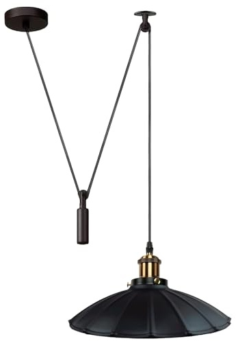 DC VOLTAGE Modern and Retro 1 Arm Pulley Hanging Pendant Light Spider Chandelier Adjustable 2M Cable Vintage Pendant Lamp Fixture with E27 Socket,Umbrella Shade Black
