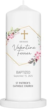 Baptism Pillar Candle, Custom and Personalized Pillar Candles, Unscented White Premium Wax, Great for Religious Celebration, Christening, Special Events or Gift (Rosie)
