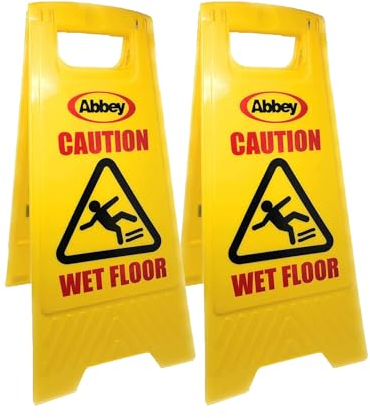 Abbey Pack of 2 Warning Caution Wet Floor Sign Yellow 640mm Height – Cleaning in Progress Floor Sign Printed on the Other Side – Mini Wet Floor Sign Ideal for Commercial Business use