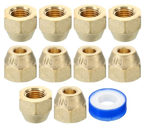PATIKIL 1/4 SAE Dado a Compressione in Ottone, 10pz 45 Gradi Raccordo Tubo Svasato in Rame Tappo per Raccordo Tubo Ottone con Nastro Adesivo per Linea Gas Acqua Condizionatore Aria, Opaco