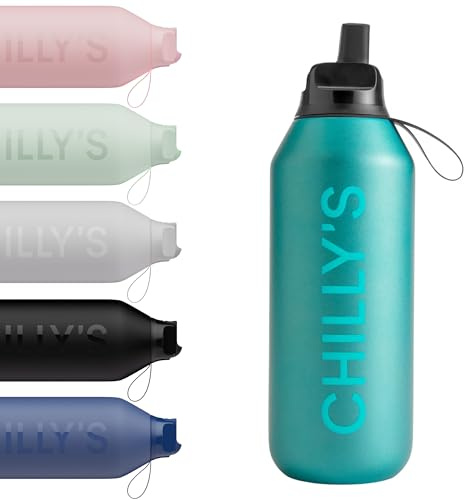 Chilly's Series 2 Flip Water Bottle with Sports Lid - Vacuum Insulated Stainless Steel Water Bottle with Straw, Carry Loop, & Cleaning Brush - No Sweat