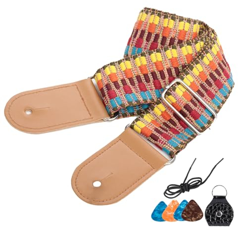 KASESSS Gitarrengurt, Gitarrenriemen Geflochtene, E-Gitarre, Akustikgitarre, Westerngitarre, mit 4 Gitarrenplektren und Plektrumtasche, Nylon, Leder, Vintage, Mehrfarbig Schillernd