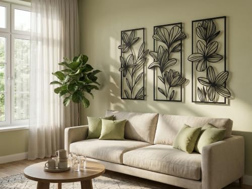 VAILLA Blumen Wanddeko Holz 3D – Wandbild 4er Set Wohnzimmer Schlafzimmer | MDF Sperrholz, Lasergeschnitten, Botanik Blüten, 5 Größen, Schwarz Grau Gold, personalisierbar, Esszimmer Küche Eingang Flur