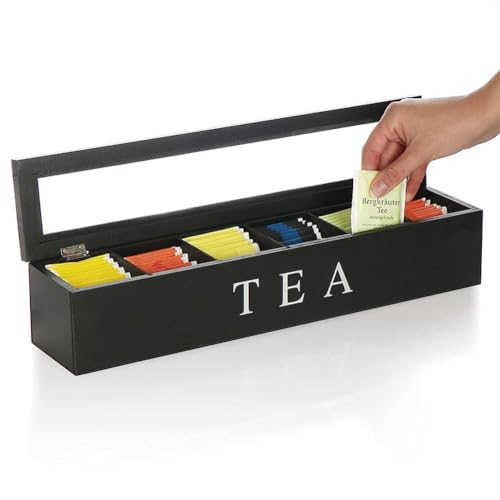 Glorlliant Teebeutelhalter mit 6 Fächern, Kaffeestation aus Holz Gewürz-Organizer Teebeutelspender Zuckerpaket Aufbewahrungskorb Organizer für Schublade, Regal, Arbeitsplatte, Schwarz, 43 x 9 x 8,7cm