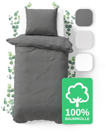 JACOBSON Bettwäsche 135x200 Set - 100% Baumwolle Bettbezug 135x200 cm + 1 Kissenbezug 80x80 cm, Perkal Bettwäsche 2-teilig mit Reißverschluss (135x200cm, Anthrazit, 2-teilig)
