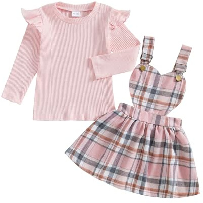 Loalirando 2Pezzi Tuta Invernale Completo Bambina Elegante Top Maglietta con Volant Maniche Lunghe+Gonna con Bretelle Cuore Bambina per Natale Casual (Rosa, 6-12 Months)