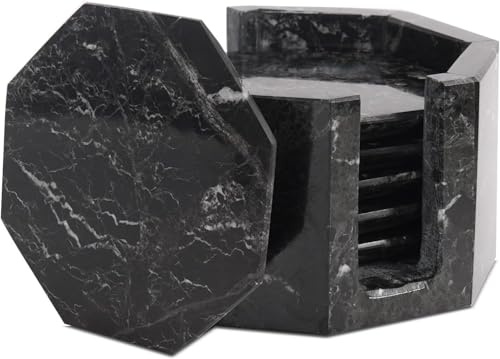 Marble Range Schwarze Untersetzer, 6 Stück, handgefertigt, 8,9 cm, Untersetzer für Getränke für Couchtisch, Marmor-Untersetzer mit Halter