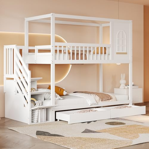 Huayz Letto a castello 90 x 200 cm, letto matrimoniale in legno massiccio, a forma di casa con finestra, design di recinzione di sicurezza, con cassetti e scala di sicurezza, per adolescenti (bianco)