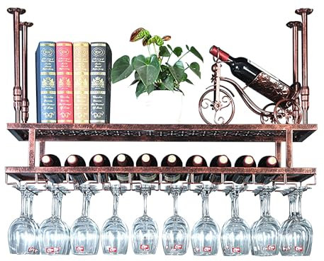 Hängend Weinregal Metall Bar Regal Wand Flaschenregal Schmal Weinschrank Barschrank Wine Rack Weinständer Küchenregal mit Weinglashalter Hängend für Hausbar Bartheke Wohnzimmer(Copper,150cm(59.in))