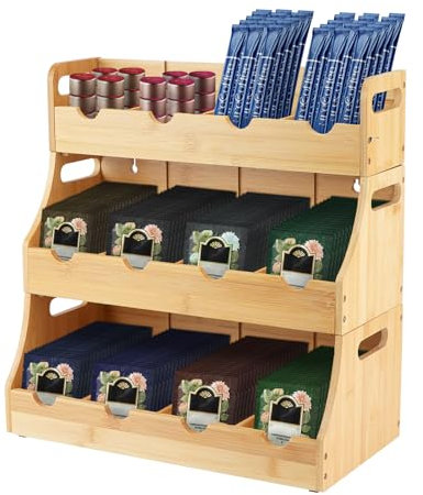 Bamboo Tea Box Organiser, SHAIDOJIO 3 Tier Stackable Tea Box, Wall Mount Tea Bag Storage with 12 Removable Compartments, Large Capacity Tea Bag Organiser Holder for TeaBags Coffee Sugar Snack Storage
