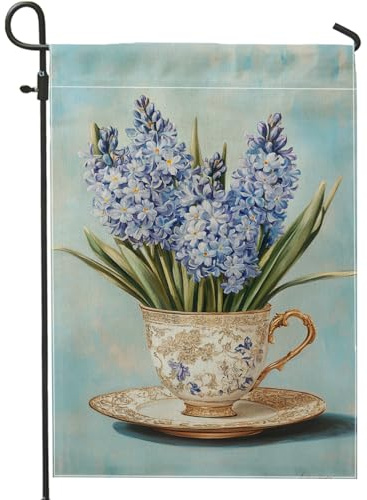 Bandiera da giardino floreale blu primaverile estate, bandiera da giardino con fiori di giacinto, decorazione per esterni, bandiera da giardino in iuta su entrambi i lati, decorazione per la casa