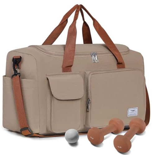 FIORETTO 35L Damen Sporttasche Faltbare Reisetasche mit Schuhfach und Nassfach, Wasserabweisende Weekender Gym Travel Bag Handgepäck Tasche Trainingstasche für Damen Herren Khaki