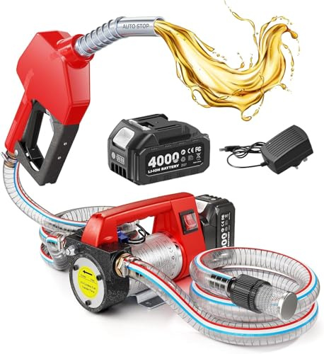 TaskStar Fuel Transfer Pump Battery Powered, 45L/MIN Electric Diesel Transfer Pump Kit with 21V 4.0Ah Battery & Charger, Cordless Pump with Auto-off Nozzle & 2x 2m Hoses for Diesel Kerosene Transfer