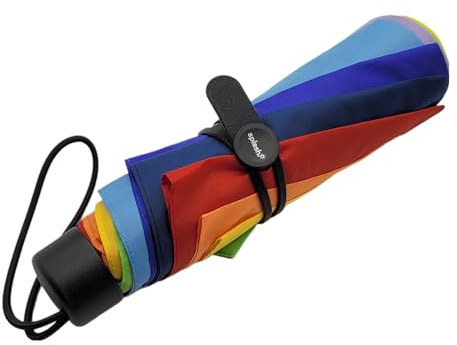 Fickparaply regnbåge – kompakt handöppnare paraply med handledsrem – stabil, överslagssäker, lätt och färgglatt – 90 cm Ø, 23 cm längd, 270 g