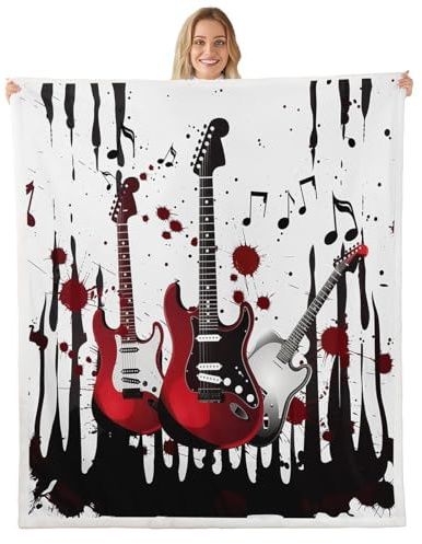 feelingyou Cobija de lana con diseño de guitarra de música rock, tamaño Queen, color negro, rojo, hippie, arte callejero, graffiti, para niños, adolescentes y adultos, temática de música hip hop
