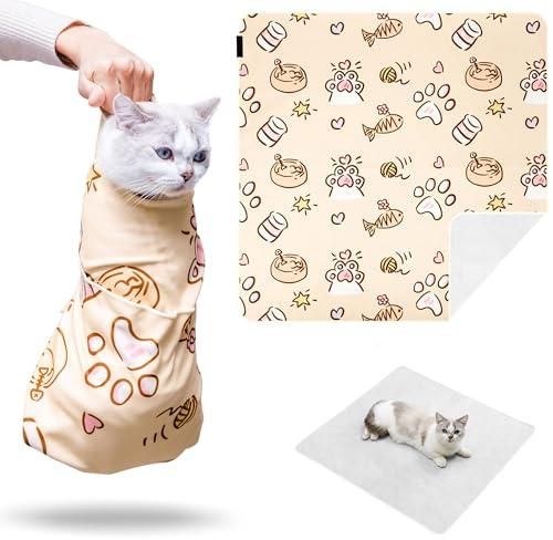 Kiorafoto 69,8 cm stor kattsjal för nagelklippning, självhäftande kattvård för katt och liten hund, repfri linda, burrito, nagelklippning, öronrengöring, tänder borstar sött mönster
