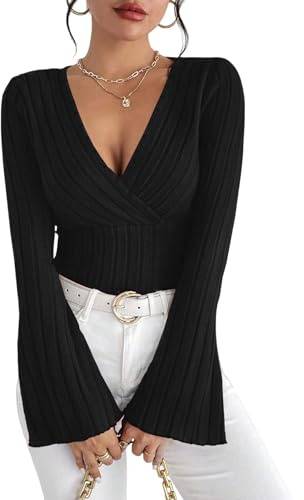 Sukiglam Women's Jumpers Sexy V Neck Long Sleeve T-Shirt Elegant Bell Sleeve Wrap Top Slim Fit Ribbed Sweater Y2k Casual Going Out Top Tight Party Blouse Ladies Fall Tops for Leggings Black