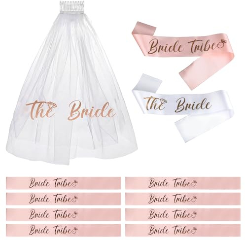 11 Pcs Pink Bride to be Sash White Wedding Veil Set Bachelorette Party Decorations, Bride Sash Bachelorette Party Favors with 9 Bridesmaid Sashes for Bridal Showers Engagement Party Decorations