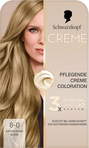 Schwarzkopf Creme Supreme Coloration 8-0 Natürliches Blond (182 ml) | Dauerhafte Haarfarbe mit Serum und Haar-Maske, schützt vor sichtbaren Haarschäden, intensive Farbe für 100% Grauabdeckung