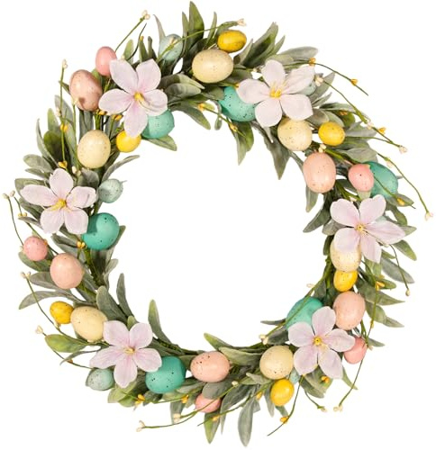 wwmira18 Inch Easter Wreaths for Front Door, Pastel Egg Wreath with Magnolia and Lamb's Ear Leaves, Small Floral Wall Wreath for Indoor Decor Spring Easter Table Centerpiece Decorations