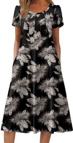 Zeagoo Vestido de verano para mujer, elegante, largo, manga corta, cuello redondo, vestido bohemio, línea A, vestido midi de verano, túnica con bolsillos