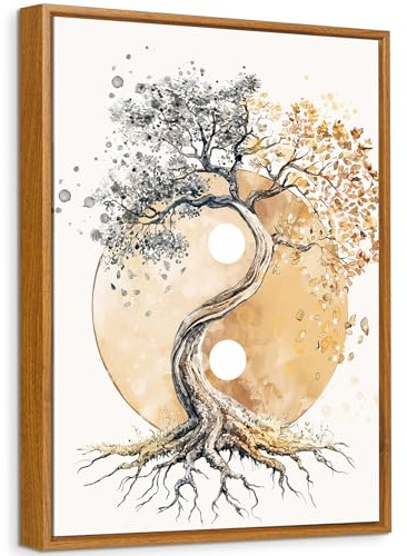 Baum des Lebens Yin Yang Leinwand Bilder Mit Rahmen Wandposter Zen Buddhismus Beige Bilder Wandbilder Kunstdruck Leinwand Malerei Wohnzimmer Schlafzimmer Badezimmer Wanddekor 30x40cm (Ohne Acrylglas)