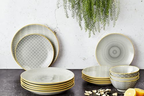 BJORN Service Vaisselle Les Essentiels – Service de Table 6 Personnes en Porcelaine Émaillée – Assiettes et Bols Dépareillés Collection Pattern Eclipse