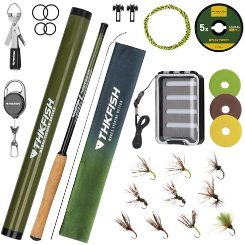 THKFISH Tenkara Kit de canne à mouche télescopique en fibre de carbone 24T avec étui de transport, ligne de pêche et leurre de pêche à la mouche pour ruisseaux, truite, bar, saumon (Kit de canne combo