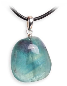 Budawi® Regenbogenfluorit Trommelstein Anhänger | Naturstein 20×15 mm | 925er Silberöse mit 1 m Lederband & Organzasäckchen