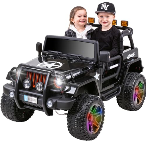 Actionbikes Motors Kinder Elektroauto Jeep Wrangler Offroad - 4x4 Allrad - USB - 4 x 35 Watt Motor - 2-Sitzer - Rc 2,4 Ghz Fernbedienung - Elektro Auto für Kinder ab 3 Jahre (2-Sitzer Schwarz)