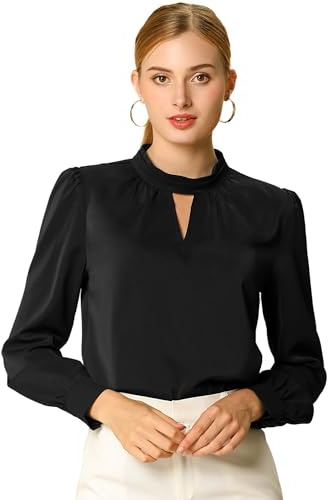 Allegra K Dam elegant ståkrage nyckelhål långärmad choker V-ringning skjortor blus storlek, svart, XL