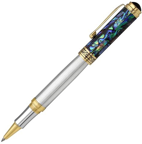 Xezo Maestro Rollerball Pen, Fine Point. Solid 925 Sterling Silver with Blue Pāua Sea Shell and 18 Karat Gold Plating. Handcrafted, Limited Edition, Serialized