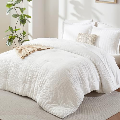 CozyLux King Size Comforter Set White Seersucker 7 Pieces Bed in a Bag King Comforter Set with Sheets, Luxury Soft Bedding Sets with Down Alternative Comforter, Sheets, Pillowcases & Shams All Seasons