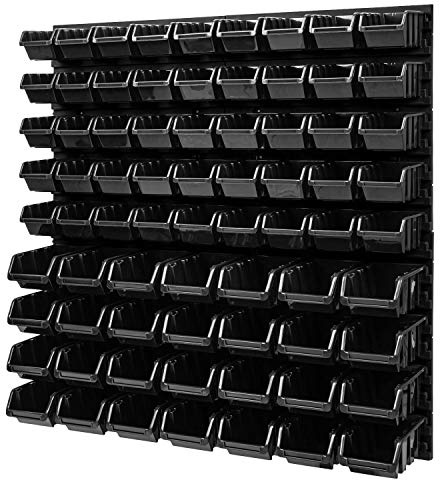 PAFEN Lagersystem Stapelboxen Wandregal - 772 x 780 mm – 73 Stück Boxen Werkstatt Schüttenregal Werkzeuglochwand (Schwarz)