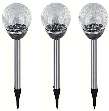 3 lámparas solares LED sin cables de acero inoxidable para jardín con forma de bola con luz craquelada, decoración para el jardín, lámpara blanca