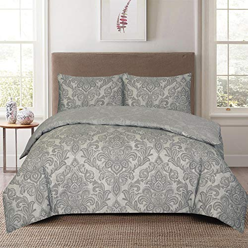 THL 4 Pieces Complete Bedding Set Duvet Quilt Cover Fitted Sheet Pillowcase Poly Cotton (Dmsk Grey Silver, Comp Double)