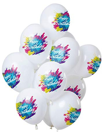 Folat 69600 Ballons Color Splash 'Happy Birthday' 30cm-12 Stück Latex Helium Luftballon, Geburtstag Deko, White, 30 cm