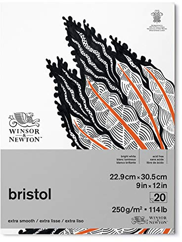 Winsor & Newton Bristol 6661548 Drawing Paper in Pad - 20 Sheets 22.9 x 30.5 cm 250 g/m² Glued Top Bright White Paper for Drawings with Technical Pens, Fineliners, Ink, Markers