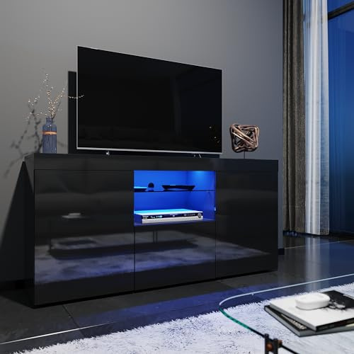 ELEGANT 1350mm Modern High gloss TV Stand Cabinet with Ambient Light for 22-55 Flat Screen 4k TVs/LED Light TV Cabinet with Shelves and Drawers for Living Room Bedroom, Black