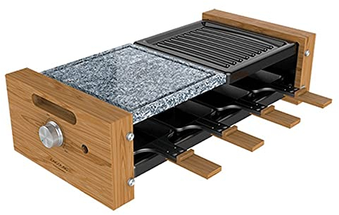 Cecotec Raclette Cheese&Grill 8400 Wood MixGrill. Potencia 1200 W, Superficie mixta Grill y Plancha, Termostato regulable, 8 Sartenes individuales, Diseño extraíble
