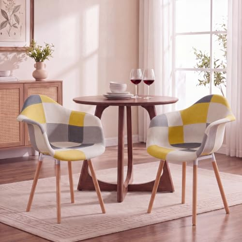 GrandCA HOME 2er-Set Sessel mit Patchwork-Stoffkissen Esszimmerstühle Holzbeine für Küche, Wohnzimmer,Gelb A5