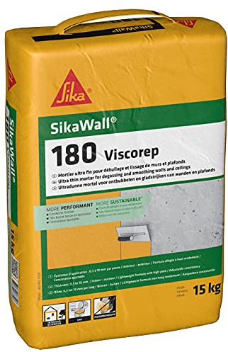 SIKA - Mortier ragréage murs plafonds - SikaWall 180 Viscorep - Gris - 15kg | Rattrape les défauts de planéité et les éclats - Pour murs et plafonds intérieur/extérieur - Finition homogène