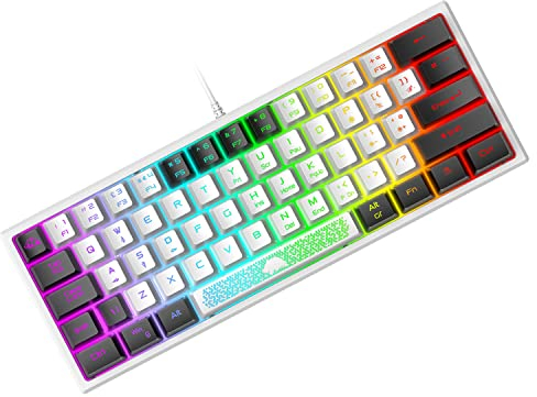 Mini 60% Teclado para Juegos, Mechanical Feel USB Cable Teclado Gaming, RGB Chroma Rainbow Retroiluminado, Compacto 62 Teclas de Colores Mezclados en Blanco y Negro, QWERTY Layout para PC Mac Laptop